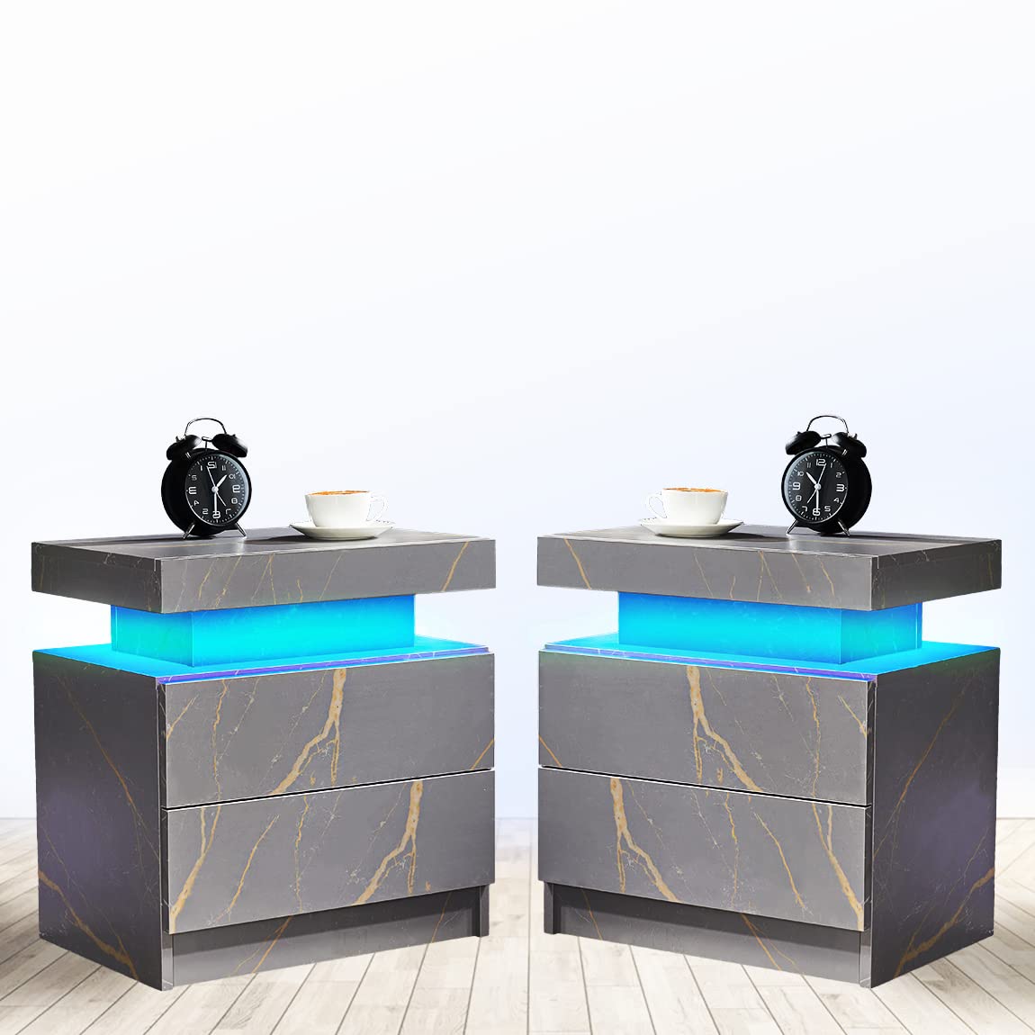 【Furniture】Nightstand Set of 2 LED Nightstand with 2 Drawers, Bedside Table with Drawers for Bedroom Furniture