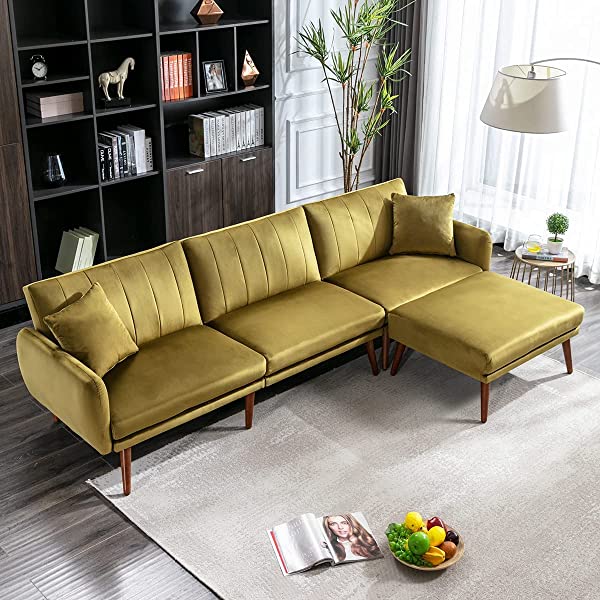 JOMEED Convertible Sectional Sofa Bed with Adjustable Backrest Modern Velvet Fabric L-Shaped Couch with Extra 2 Pillows Wide Chaise Lounge for Living Room (Orange)