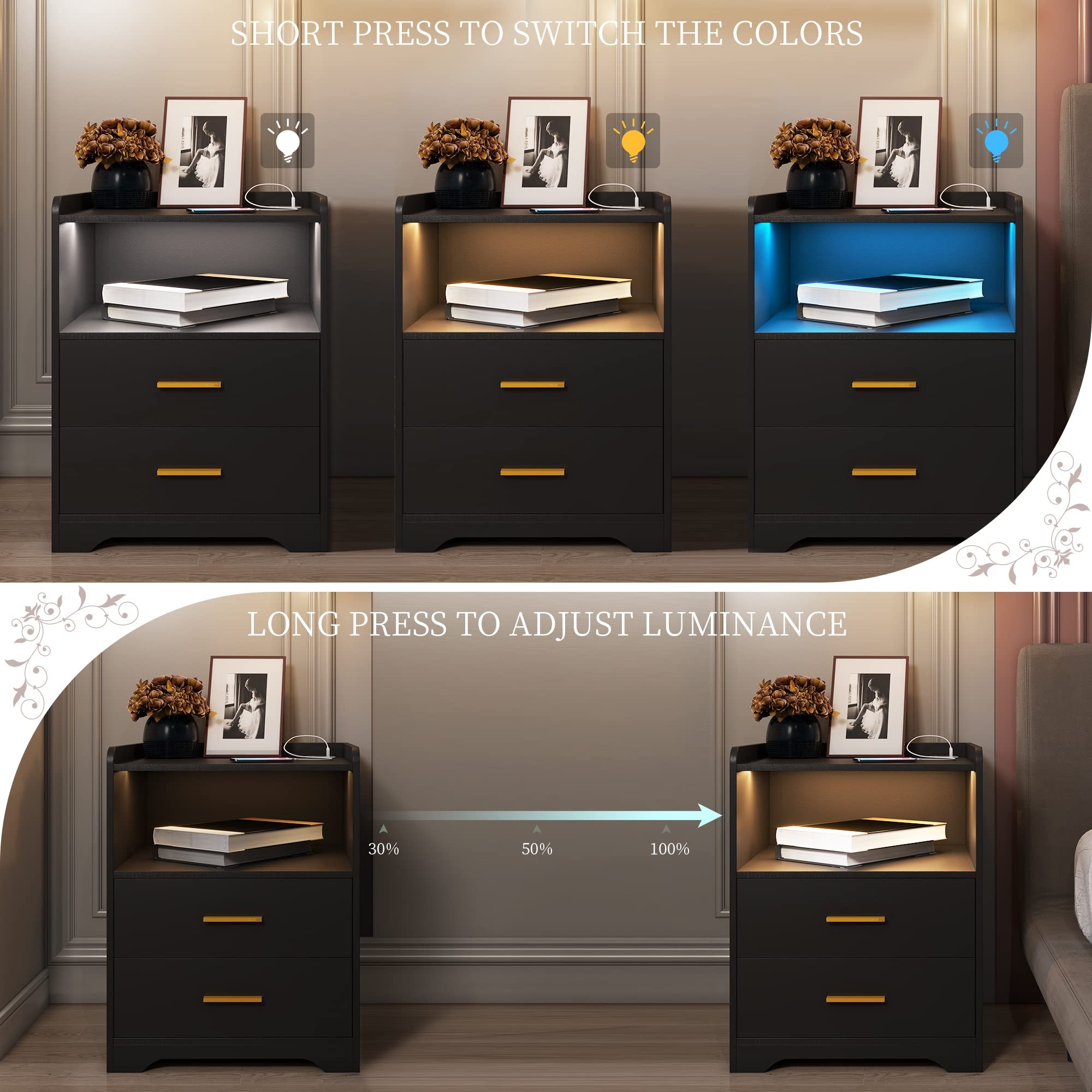 【Furniture】Black Nightstand with Charging Station, Night Stands with 2 Drawers, Smart Nightstand Bedside Table Led