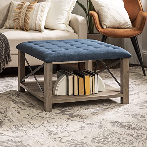 Walker Edison Cambridge Modern Farmhouse Metal X Tufted Ottoman, 30 Inch, Grey Grey Upholstered Ottoman