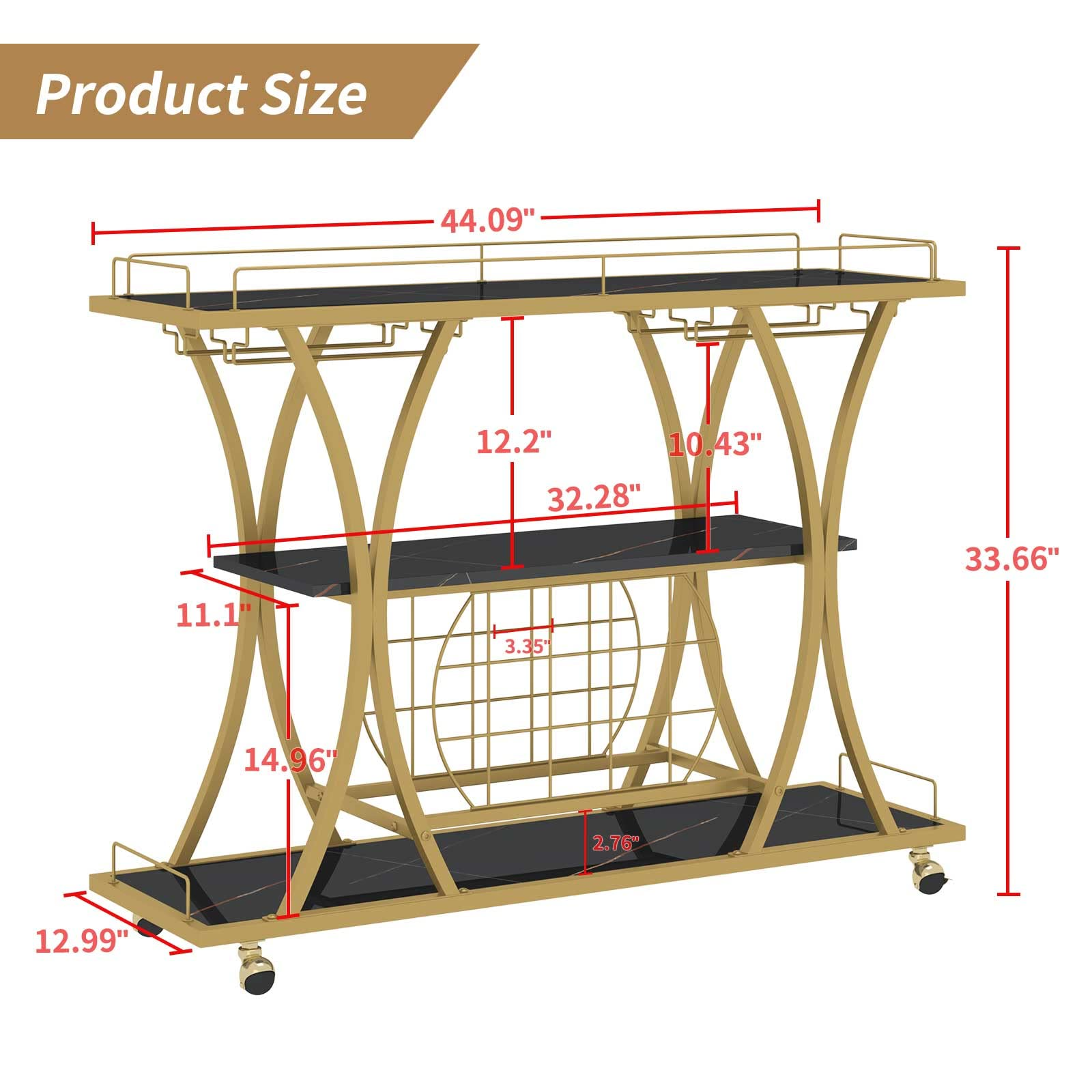 【Furniture】Bar Serving Cart with Glass Holder and Wine Rack, 3-Tier Kitchen Trolley, Mobile Wine Cart for Home