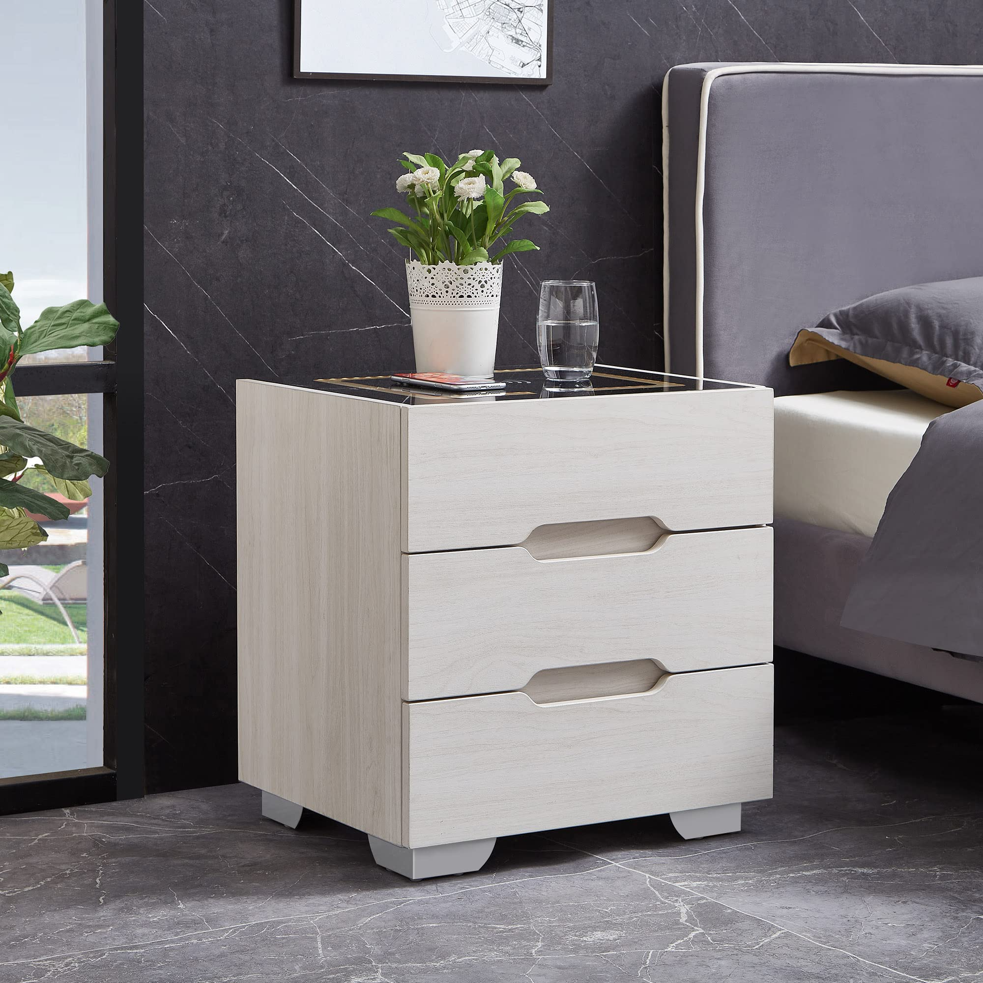 【Furniture】Nightstands Wireless Charging Station and LED Lights, Modern End Side Table with 3 Drawer