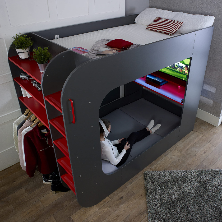 【BS】PodBed High Sleeper Gaming Bed with Sofa Bed, Built-In Desk & Open Wardrobe