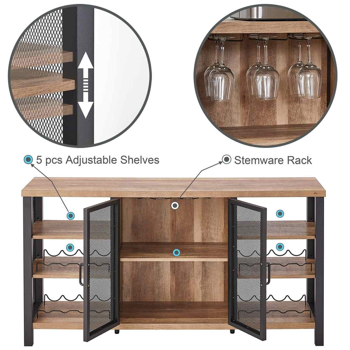 【Furniture】Industrial Wine Bar Cabinet for Liquor & Glasses, Farmhouse Wood Coffee Bar Cabinet with Wine Rack