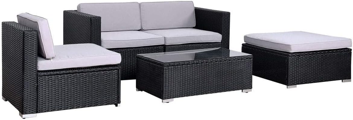EVRE California Black Outdoor Rattan Garden Furniture Conversation Set with Handwoven PE Wicker Sectional Sofa Glass Top Table Cushions for Patio Deck Conservatory