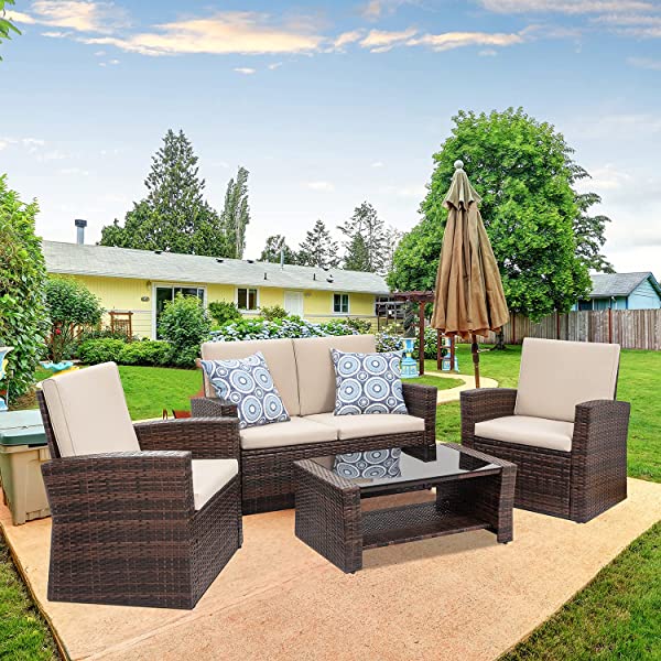 Shintenchi 4-Piece Outdoor Patio Furniture Set, Wicker Rattan Sectional Sofa Couch with Glass Coffee Table | Black