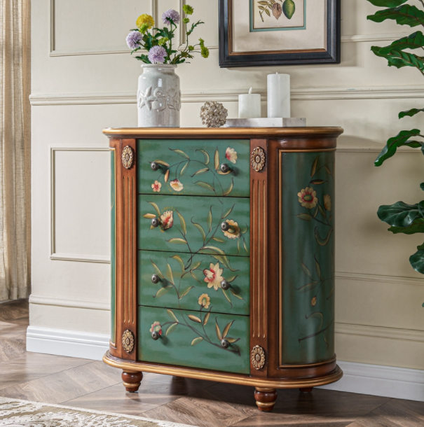 Entrance cabinet solid wood chest of drawers American country side cabinet drawer storage cabinet oval art painted retro complete