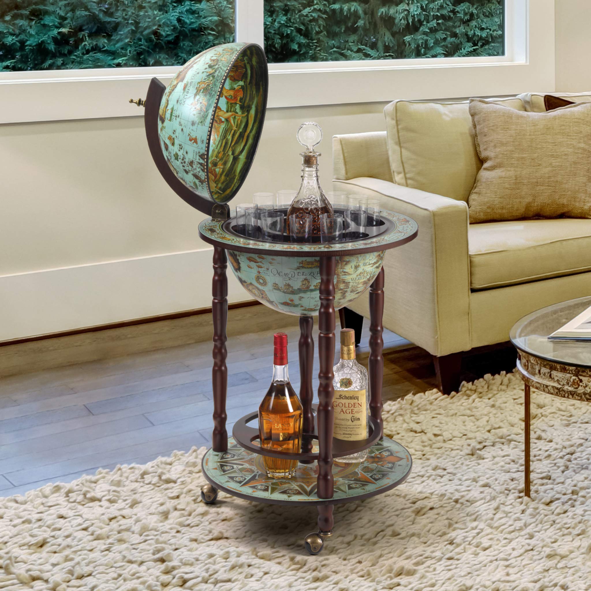 【Furniture】Design Toscano Sixteenth-Century Italian Replica Globe Bar Cart Cabinet on Wheels, 38