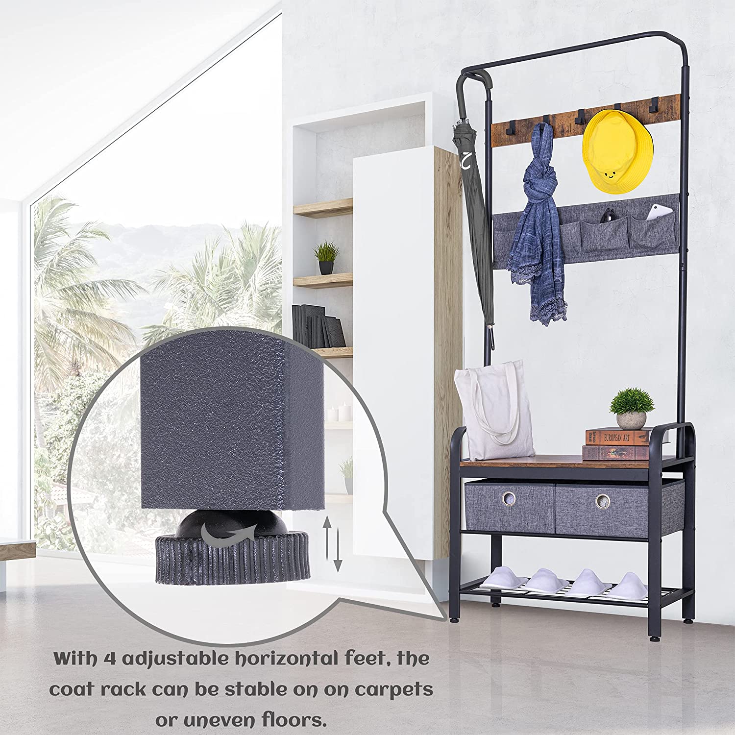 Sunnyglade retro coat rack 3 in 1 hall tree entrance passage coat rack, wood grain furniture metal frame