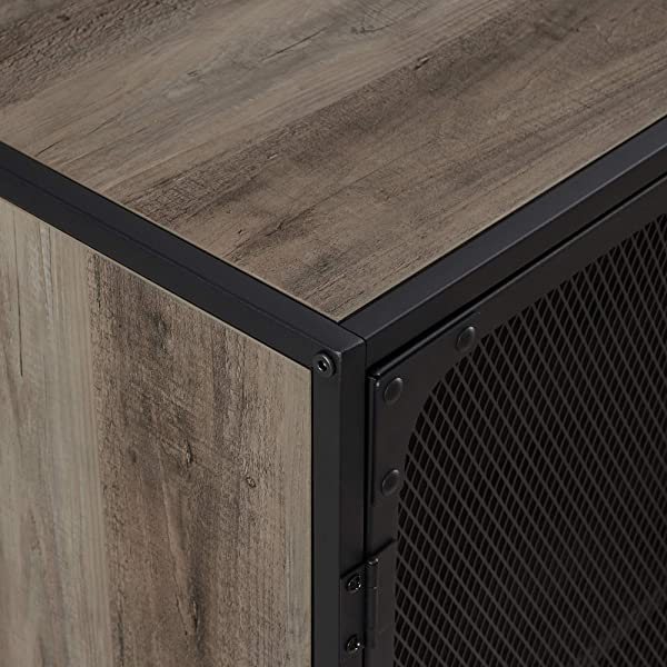 Walker Edison Malcomb Urban Industrial Metal Mesh Double Door Rolling Bar Cabinet, 33 Inch, Rustic Oak Rustic Oak 33 Inch