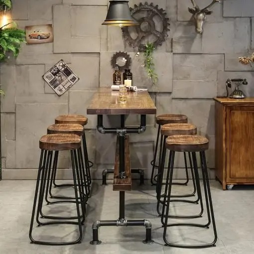 【Furniture】【BS】Clearance Sale-Retro Rectangular Bar Table Natural Industrial Pub Table Chairs Set