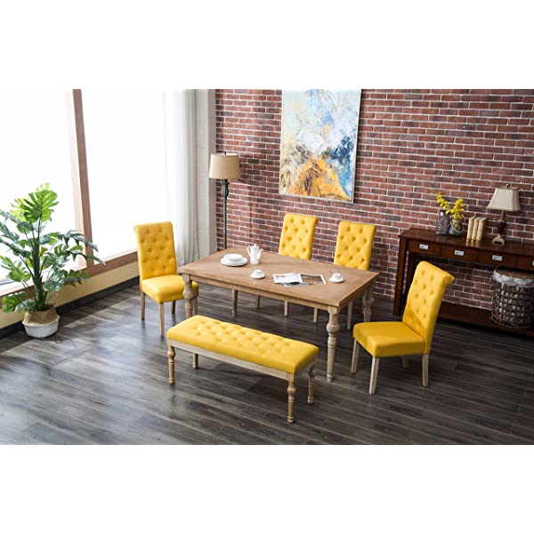 Roundhill Furniture Habitanian 6-Piece White Wash Dining Set with Tufted Chairs and Bench, Beige