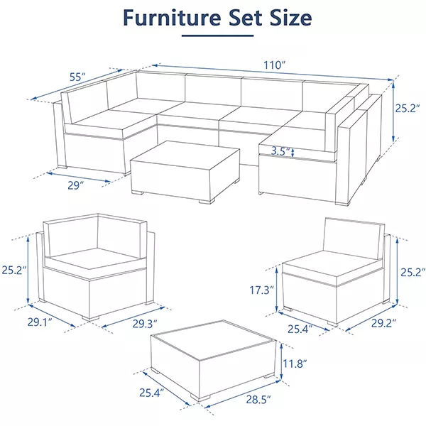 7 PIECE OUTDOOR PATIO FURNITURE SET, PE RATTAN WICKER SOFA SET