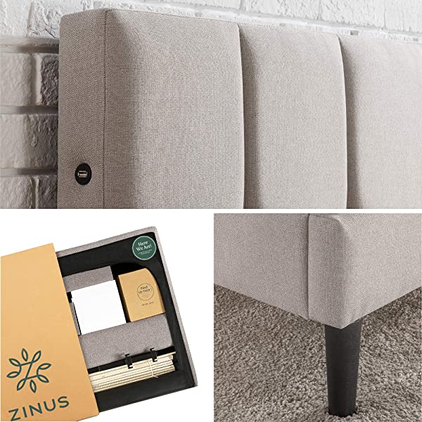 ZINUS Lottie Upholstered Platform Bed Frame / Mattress Foundation / Wood Slat Support / No Box Spring Needed / Easy Assembly, Grey, Queen Grey Queen Standard