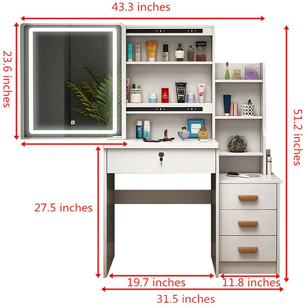 saicheng modern dressing table set with sliding illuminated mirror, makeup white dressing table with 4 storage drawers, dressing table and cushion stool set