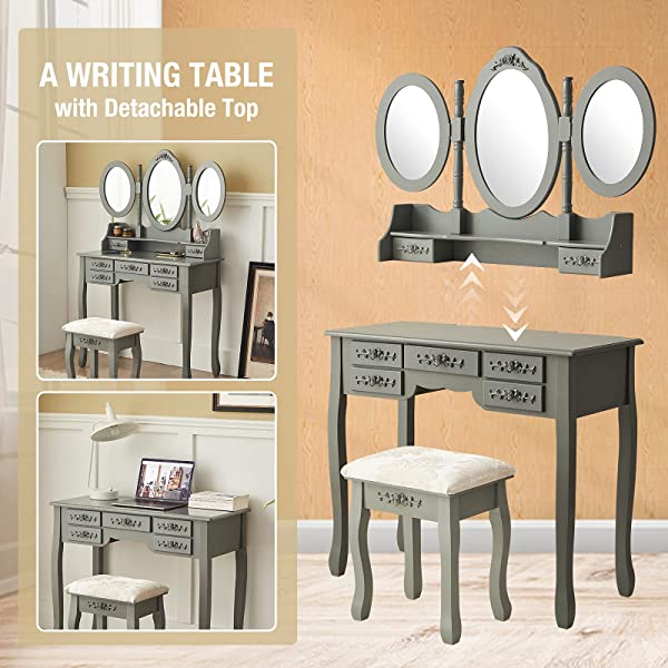Vanity Table Set with Tri-Folding Mirror Makeup Dressing Table with Cushioned Stool & 7 Drawers and a Shelf, Makeup Dressing for Women, Girls, Bedroom (Grey)