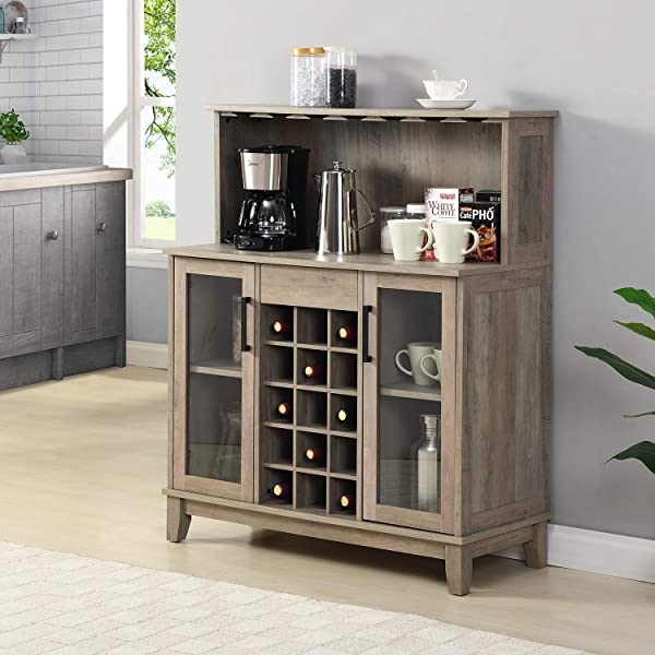 Bar Cabinet with Wine Rack and Glass Doors (Grey wash- Solid)
