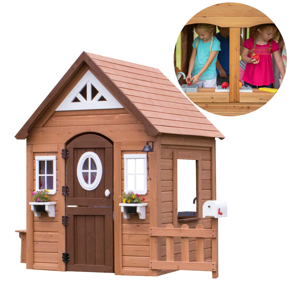 Aspen All Cedar Wooden Playhouse, Country Style, Dutch Front Door, Flower Pot Holders