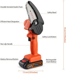 hand-held cordless chain saw, battery-powered chainsaw, for cutting wood, cutting branches