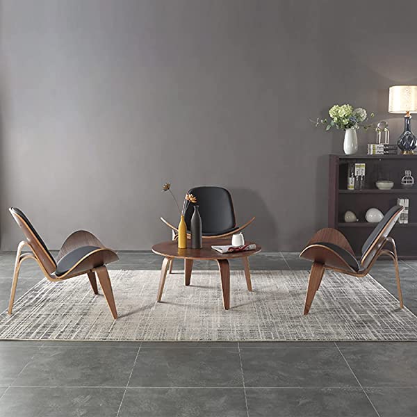 Rimdoc Three-Legged Shell Chair Mid Century Modern Lounge Chair with Black Leather Molded Plywood Accent Chair Reading Side Chair for Bedroom, Study, Office, Living Room (Black Walnut Wood)
