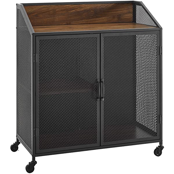 Walker Edison Malcomb Urban Industrial Metal Mesh Double Door Rolling Bar Cabinet, 33 Inch, Rustic Oak Rustic Oak 33 Inch