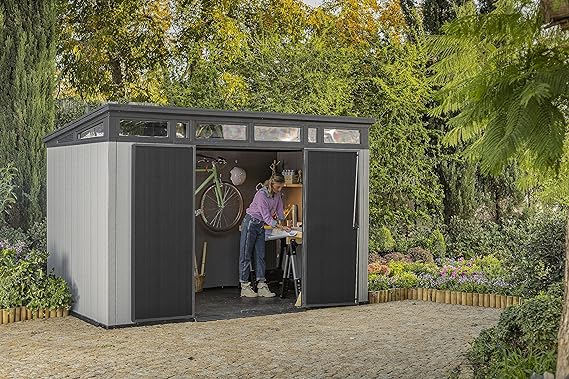Keter Artisan Outdoor Pent Double Door Garden Storage Shed 11 x 7ft Grey Duotech+ Wood Look and Feel Fade Free All Weather Resistant Safe and Secure Zero Maintenance