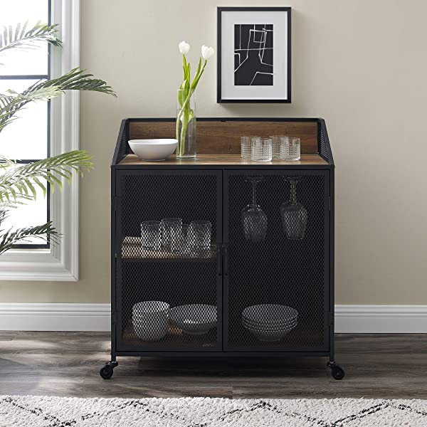 Walker Edison Malcomb Urban Industrial Metal Mesh Double Door Rolling Bar Cabinet, 33 Inch, Rustic Oak Rustic Oak 33 Inch