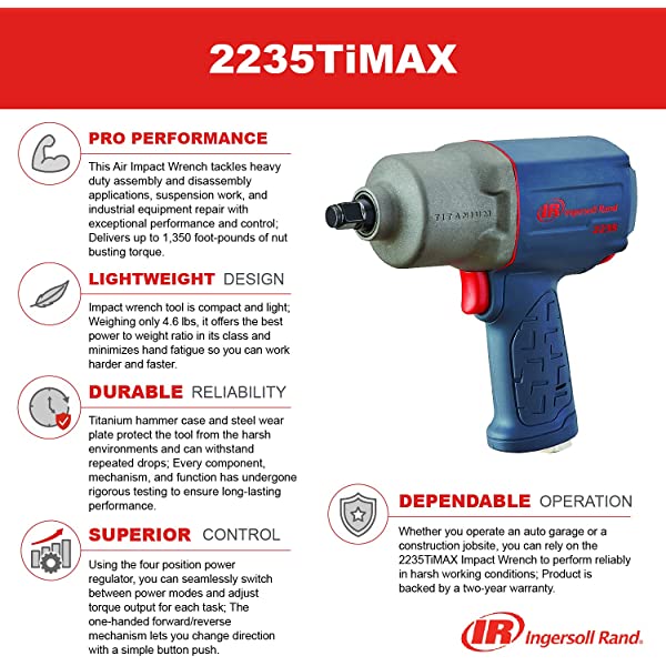 Ingersoll Rand 2235TiMAX 1/2” Drive Air Impact Wrench – Lightweight 4.6 lb Design, Powerful Torque Output Up to 1,350 ft-lbs, Titanium Hammer Case, Max Control, Gray