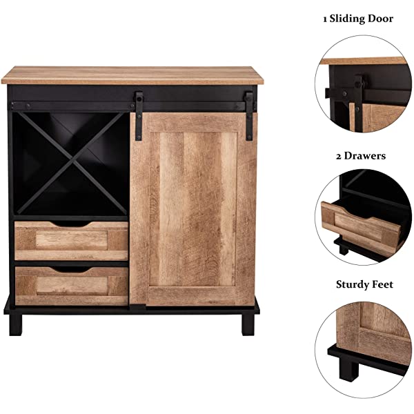 Glitzhome Wood Rustic Wine Cabinet 2-Sections Bar Cabinet with Wine Storage 31.5”L Sideboard Table with Drawers Wood Sideboard with Wine Display for Kitchen Dining Room 2 piece