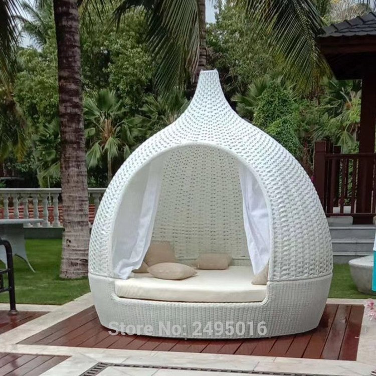 OUTDOOR RATTAN LEISURE DAYBED OUTDOOR FURNITURE , ROOFED LOUNGER WICKER PATIO CHAISE LOUNGE DAYBED FOR POOLSIDE,HOTEL /WHITE