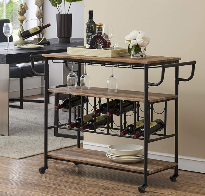 HOMYSHOPY Industrial bar cart with wine rack and glass rack, mobile wine cart with wheels suitable for households, metal service carts and kitchen storage carts, 3 shelves, vintage brown