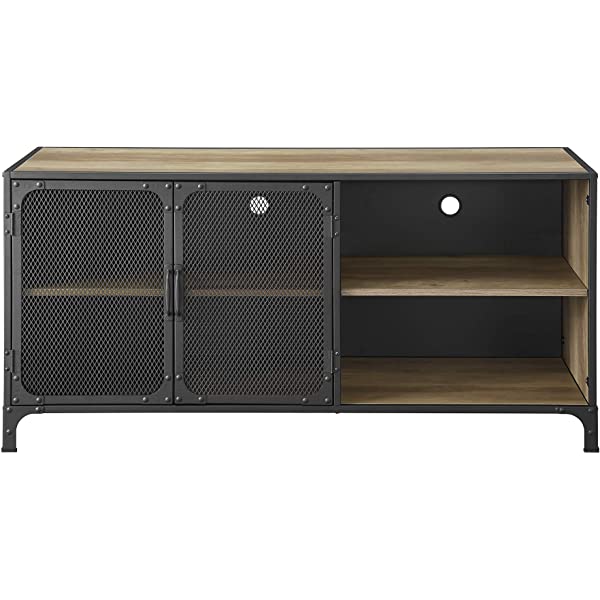 Walker Edison Malcomb Urban Industrial Metal Mesh Double Door Rolling Bar Cabinet, 33 Inch, Rustic Oak Rustic Oak 33 Inch