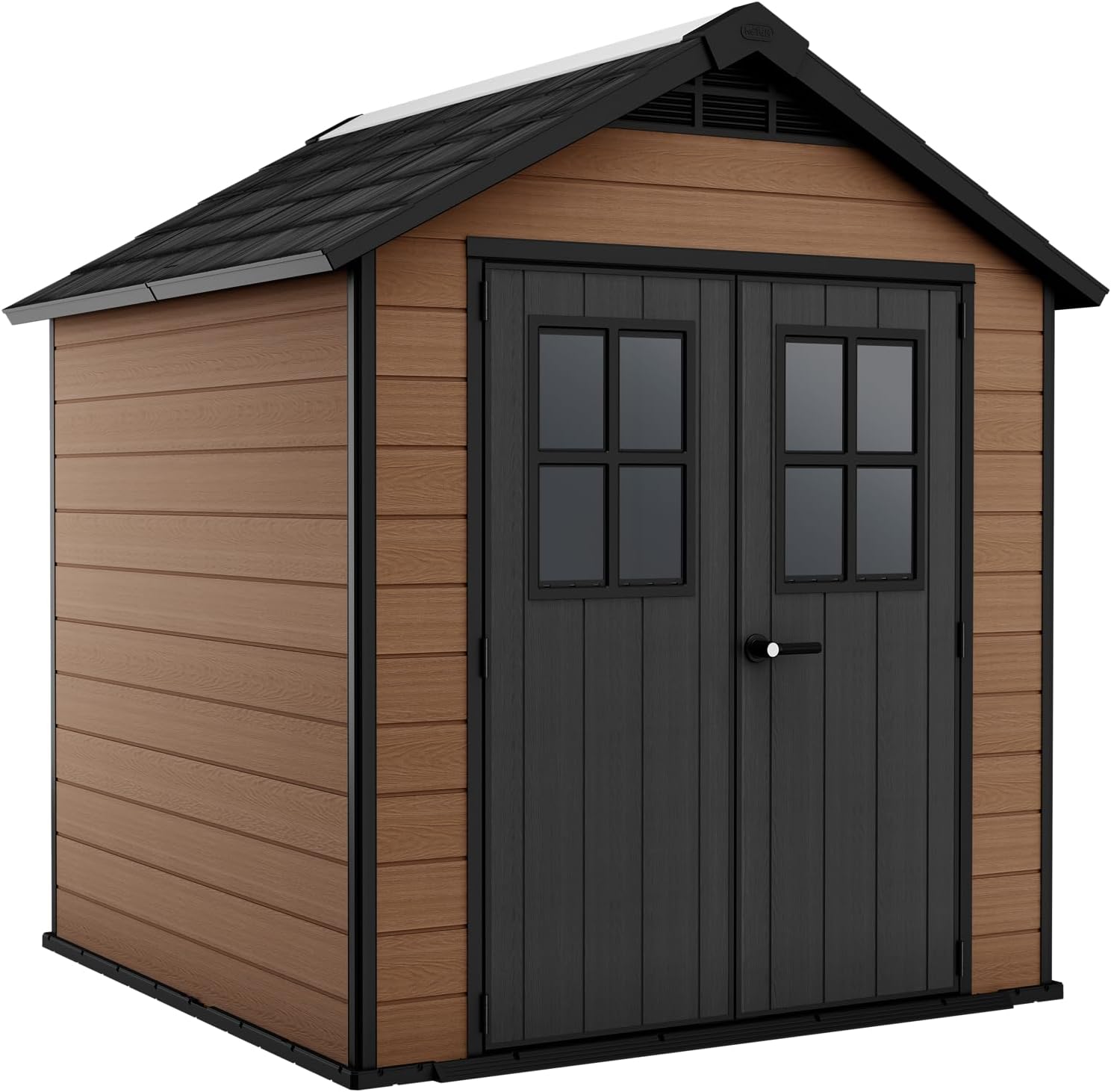 Keter Newton Outdoor Apex Double Door Garden Storage Shed 7.5 x 7ft Brown WPC Wood Look and Feel | Fade Free | All Weather Resistant | Safe and Secure | Zero Maintenance | 15 year Warranty