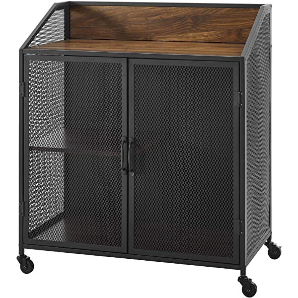 Walker Edison Malcomb Urban Industrial Metal Mesh Double Door Rolling Bar Cabinet, 33 Inch, Rustic Oak Rustic Oak 33 Inch