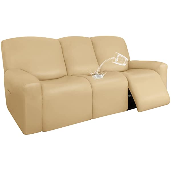 Easy-Going PU Leather Recliner Sofa Slipcovers, Waterproof Stretch Sofa Covers, 8 Pieces Stretch Furniture Protector, Elastic Strap Shield Pets Kids Children Cats Dogs Beige