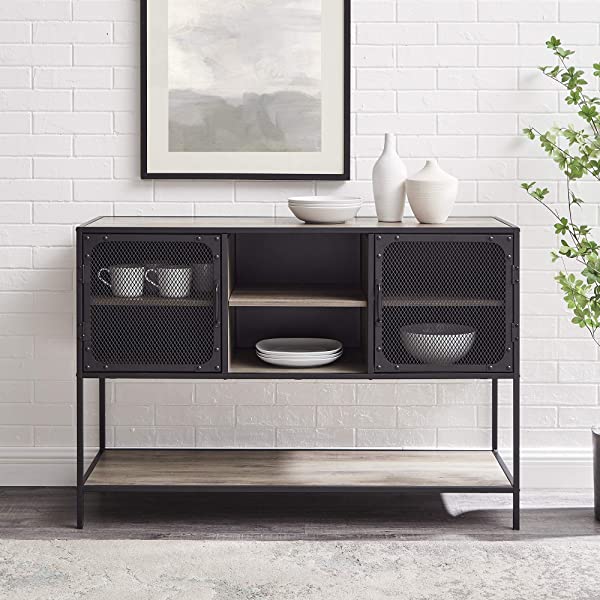 Walker Edison Malcomb Urban Industrial Metal Mesh Double Door Rolling Bar Cabinet, 33 Inch, Rustic Oak Rustic Oak 33 Inch