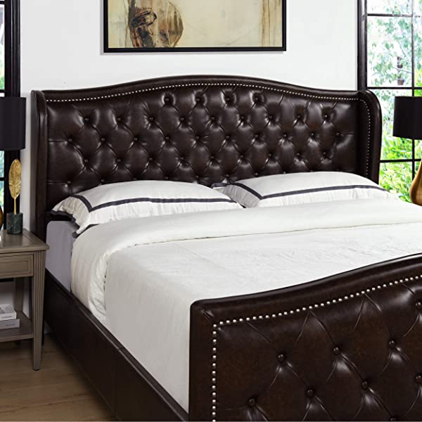 Jennifer Taylor Home Marcella Collection Queen Wingback Tufted Hand-Applied Nail Heads Upholstered Bed, Antique White Antique White Queen