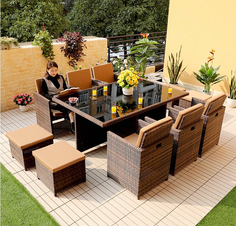 【Furniture】Outsunny Outdoor 11 Piece Rattan Garden Furniture Patio Dining Table Set