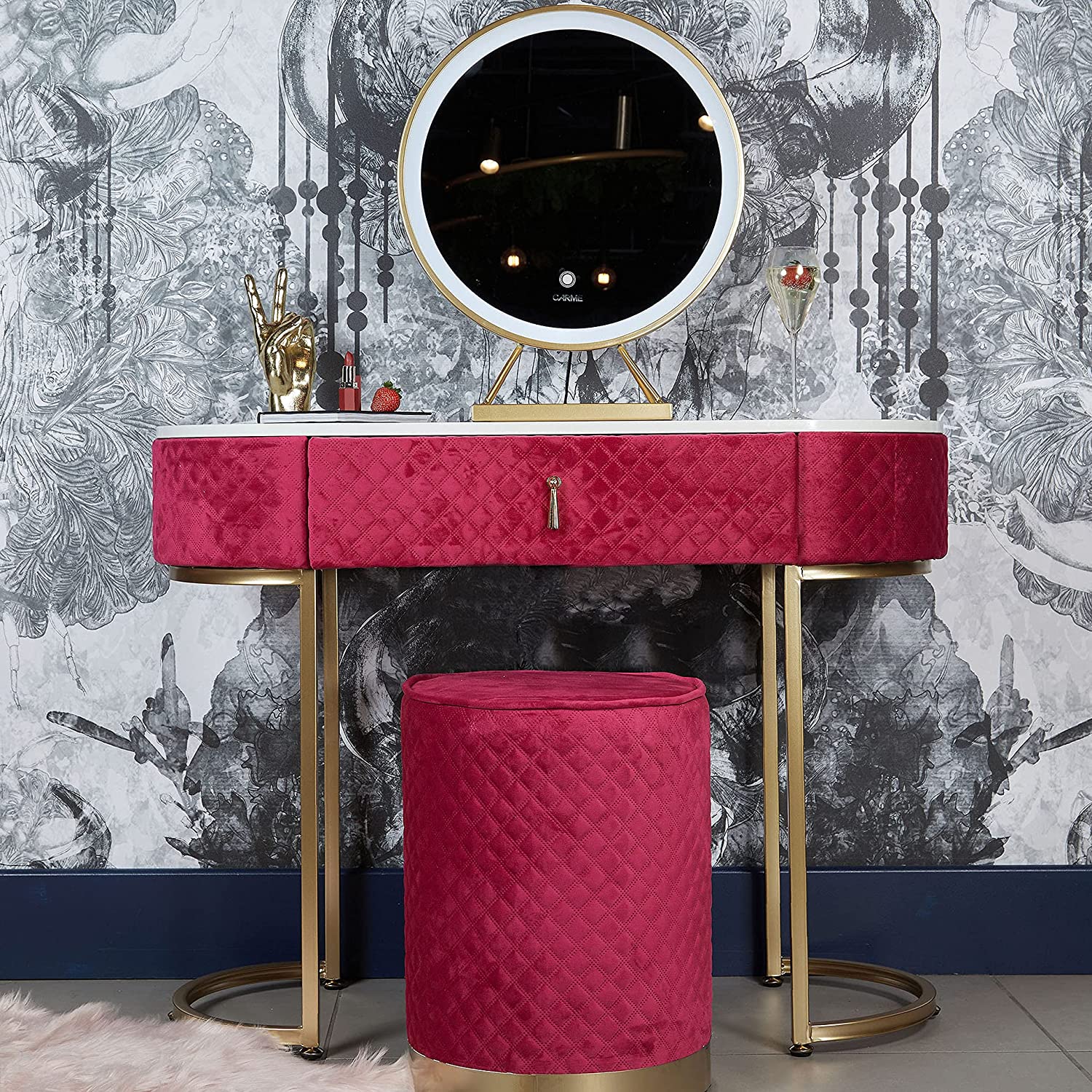 【Furniture】Velvet Dressing Table with LED Light Mirror Touch Sensor 1 Drawer Stool Set Bedroom Modern Dresser