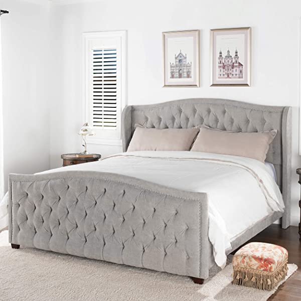 Jennifer Taylor Home Marcella Collection Queen Wingback Tufted Hand-Applied Nail Heads Upholstered Bed, Antique White Antique White Queen