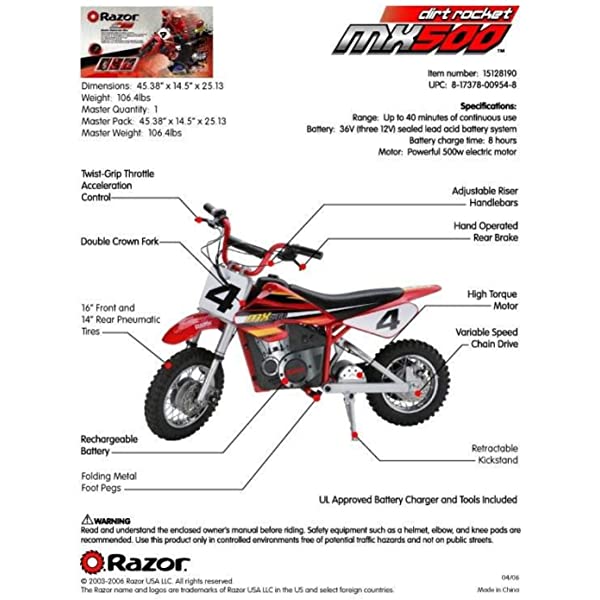 Razor MX500 Dirt Rocket Adult & Teen Ride On High-Torque Electric Motocross Motorcycle Dirt Bike, Speeds up to 15 MPH, Ages 14 and Up, Red