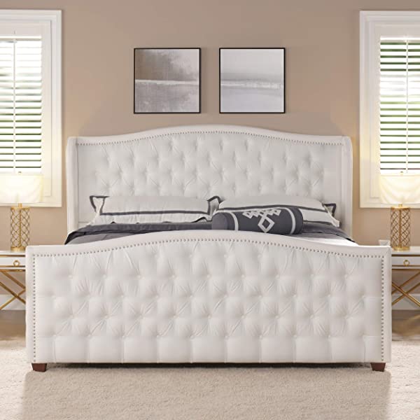 Jennifer Taylor Home Marcella Collection Queen Wingback Tufted Hand-Applied Nail Heads Upholstered Bed, Antique White Antique White Queen