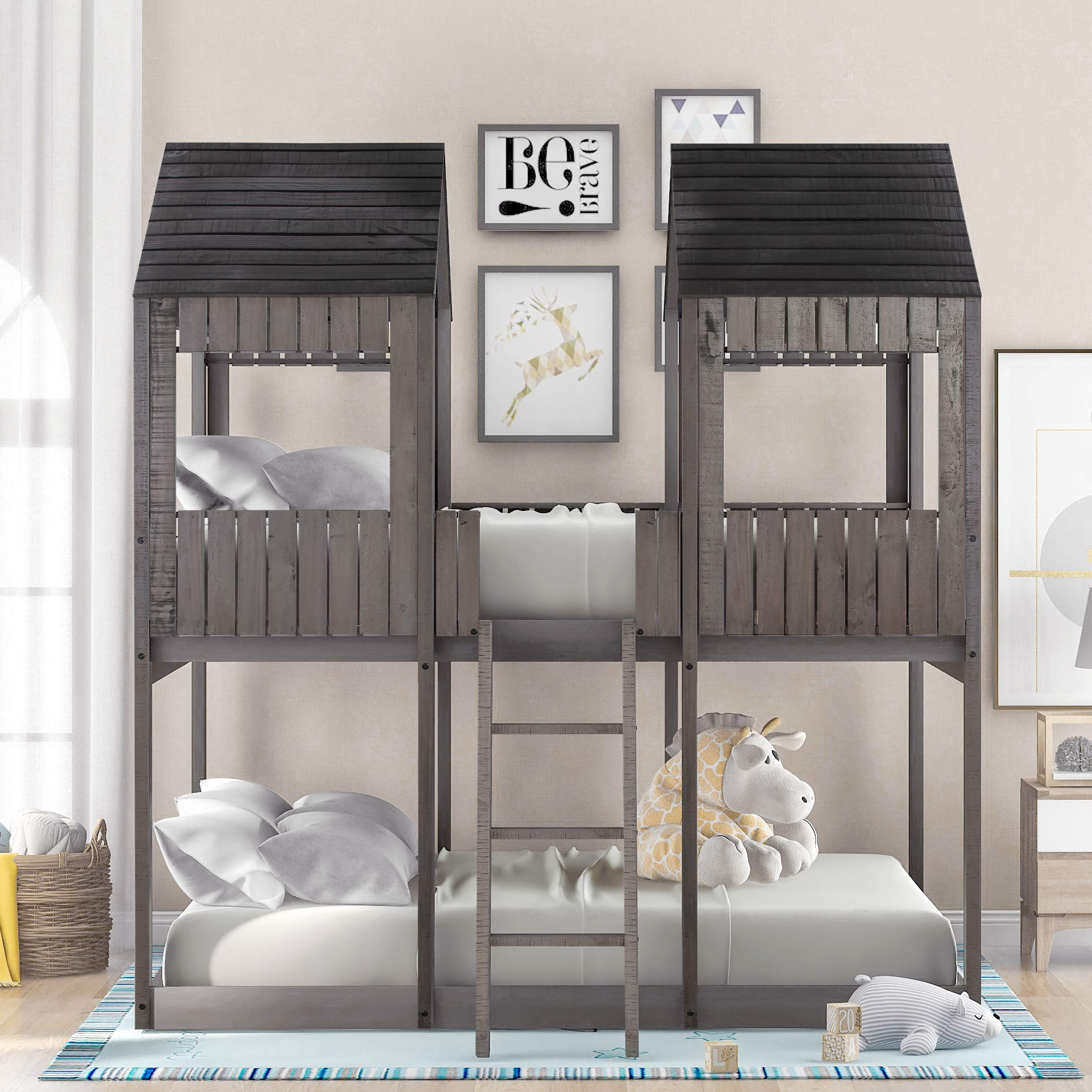 【Furniture】Low Bunk Beds Full Over Full Size, Wood Bunk Beds with Roof & Guard Rail for Kids