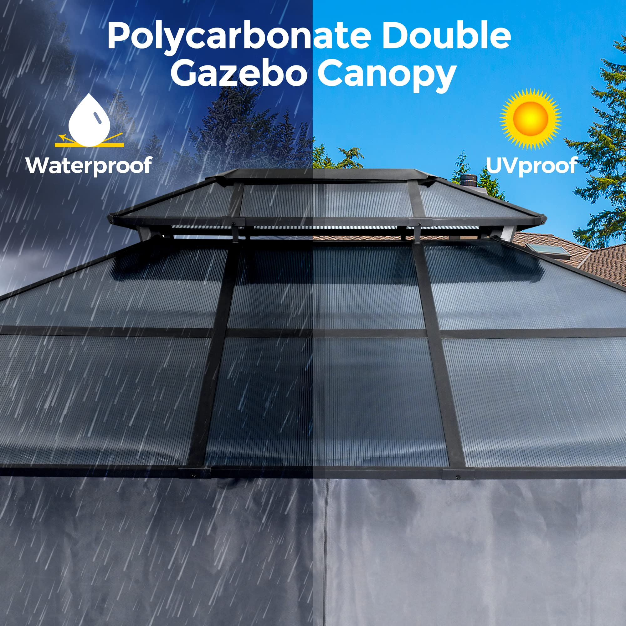 【Gazebo】10'x12' Outdoor Polycarbonate Double Hardtop Roof Gazebo, Aluminum Furniture Gazebo Canopy