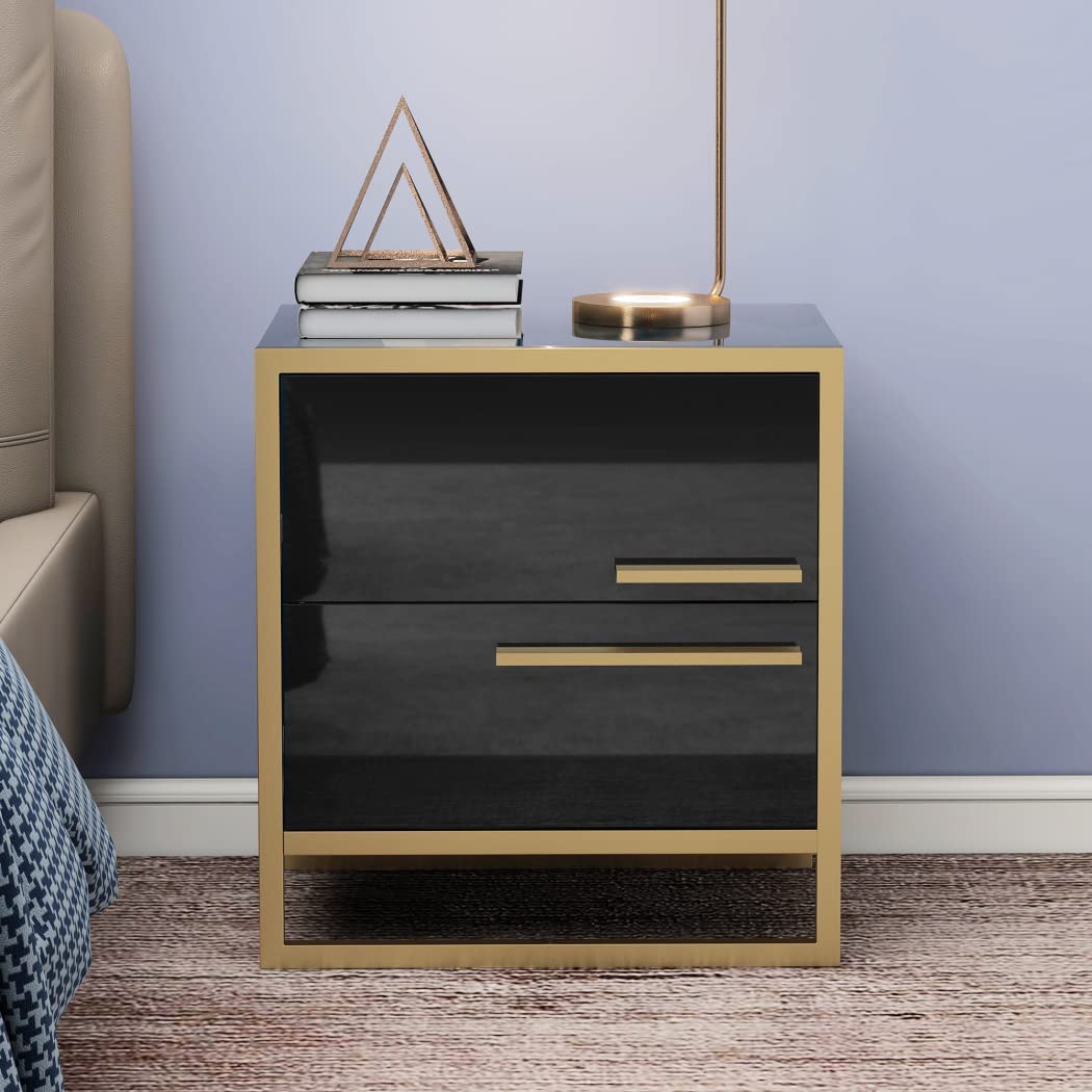【Furniture】Nightstand with 2 Storage Drawers, Bedside Table with Gold Legs, End Table-Black