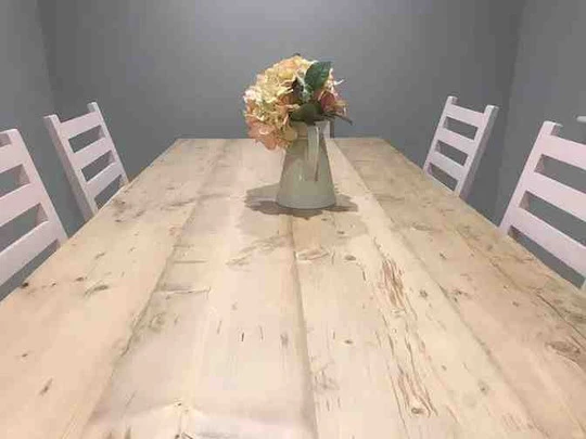 Farmhouse dining table with reclaimed wood top and 6 chairs