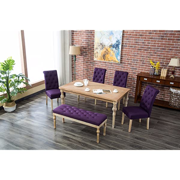 Roundhill Furniture Habitanian 6-Piece White Wash Dining Set with Tufted Chairs and Bench, Beige