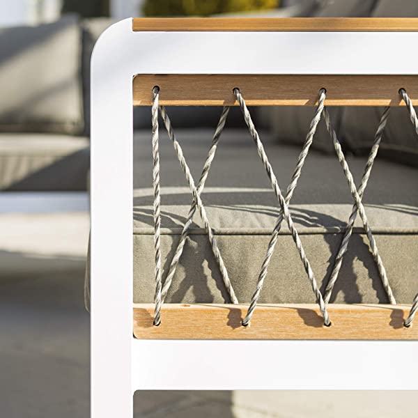 Walker Edison Harbor Modern 4 Piece Teak Wood and Metal Outdoor Modular Sectional with Knotted Rope Accents, Set of 4, White and Grey