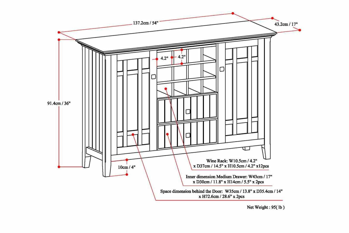 【Furniture】Solid Pine Wood 54 inch Rustic Sideboard Buffet Credenza in Dark Tobacco Brown
