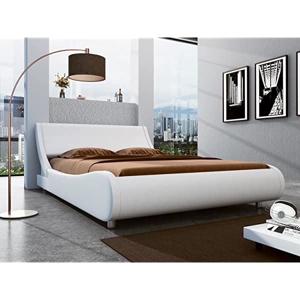 SHA CERLIN King Size Platform Bed, Faux Leather Low Profile Sleigh Bed Frame with Adjustable Headboard, Wood Slat Support, Black & White Black + White King